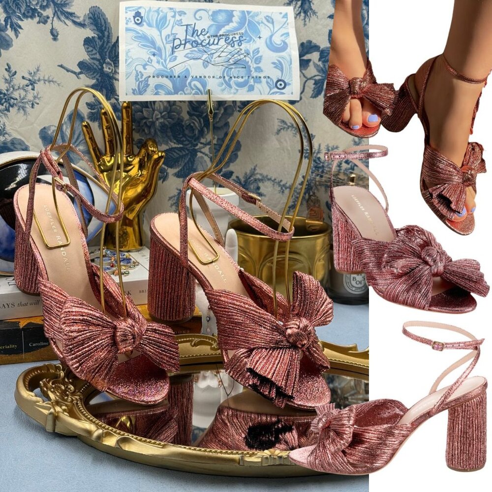 🆕 LOEFFLER RANDALL 🧿 NWOB Camellia Pleated Bow Heels, Metallic Pink Lamé, Sz 7